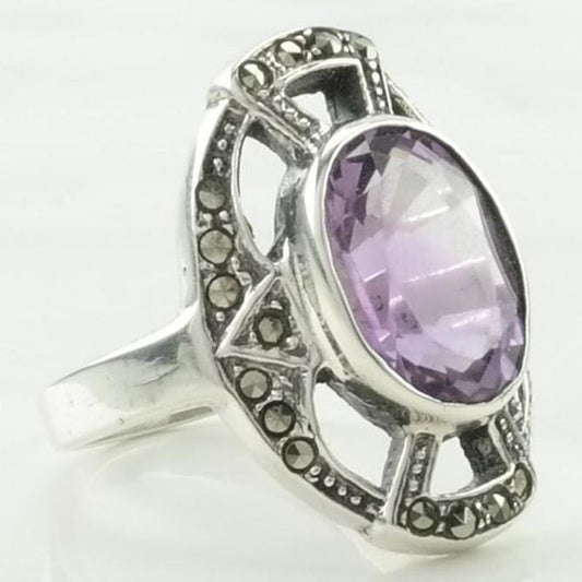 Vintage Sterling Silver Ring Amethyst, Marcasite Art Deco Style Purple Size 6 1/2