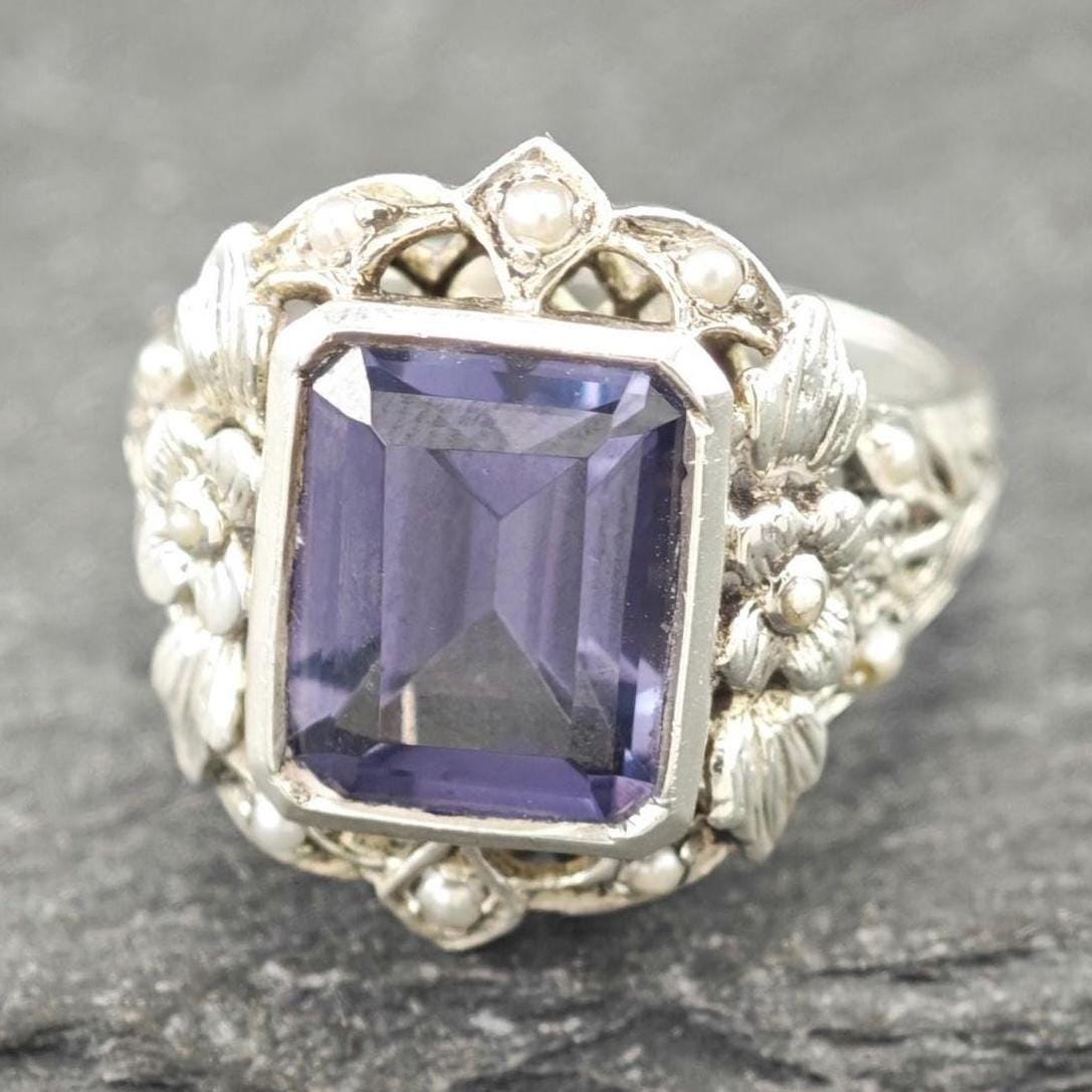 Art Deco Style, Syntehtic Alexandrite Ring Sterling Silver