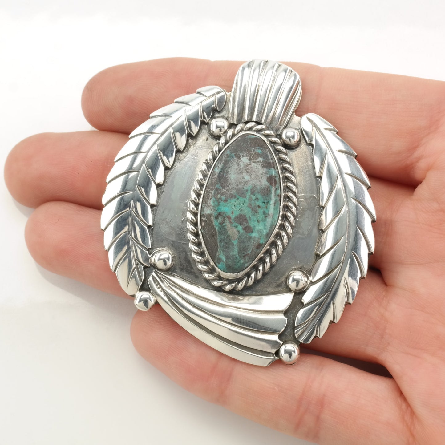 Native American Sterling Silver Brooch Feather Turquoise