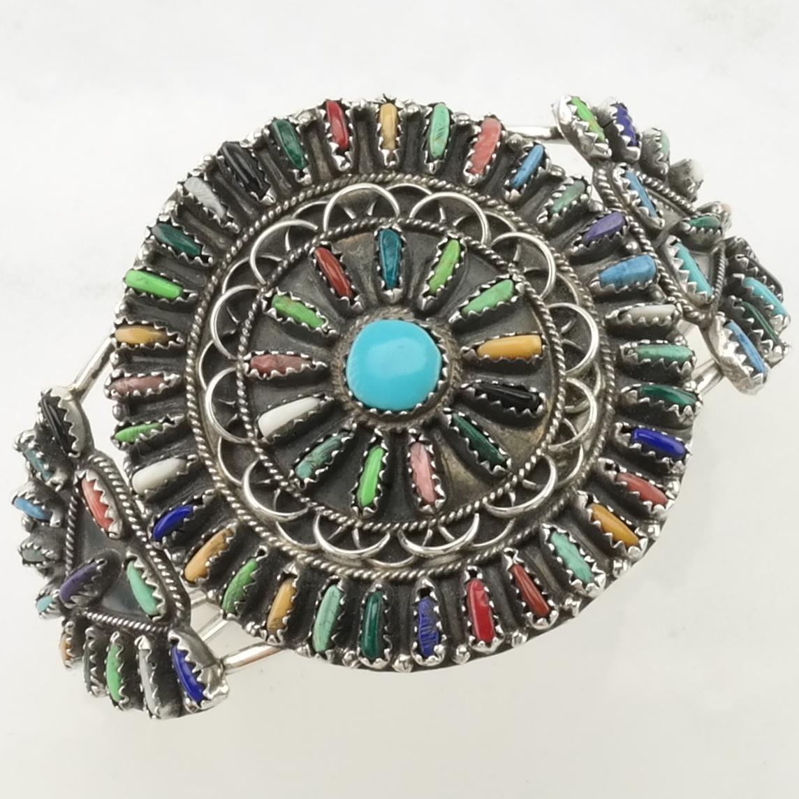 Southwest Sterling Silver Cuff Bracelet Rainbow Created Stones Needlepoint, Floral