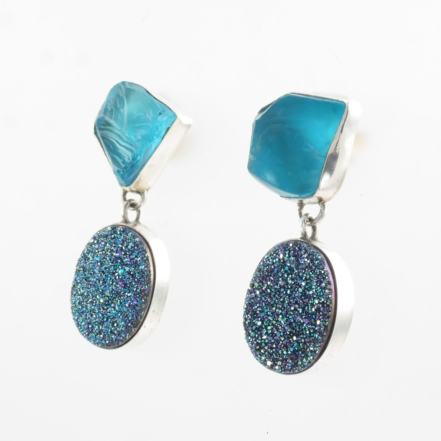 Sterling Silver Blue Stone, Druzy 14k Gold Post Earrings Stud, Dangle