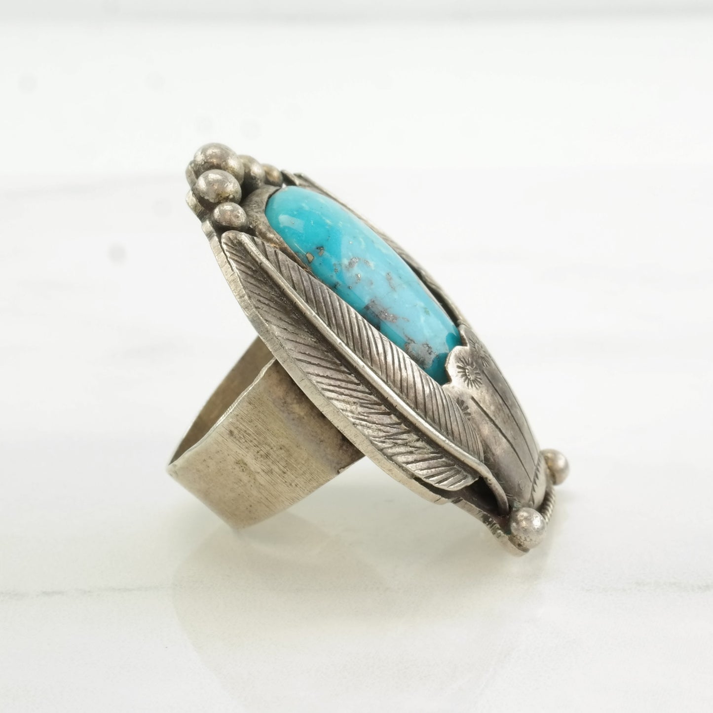 Vintage Native American Silver Ring Turquoise Feather, Stamped Sterling Size 7