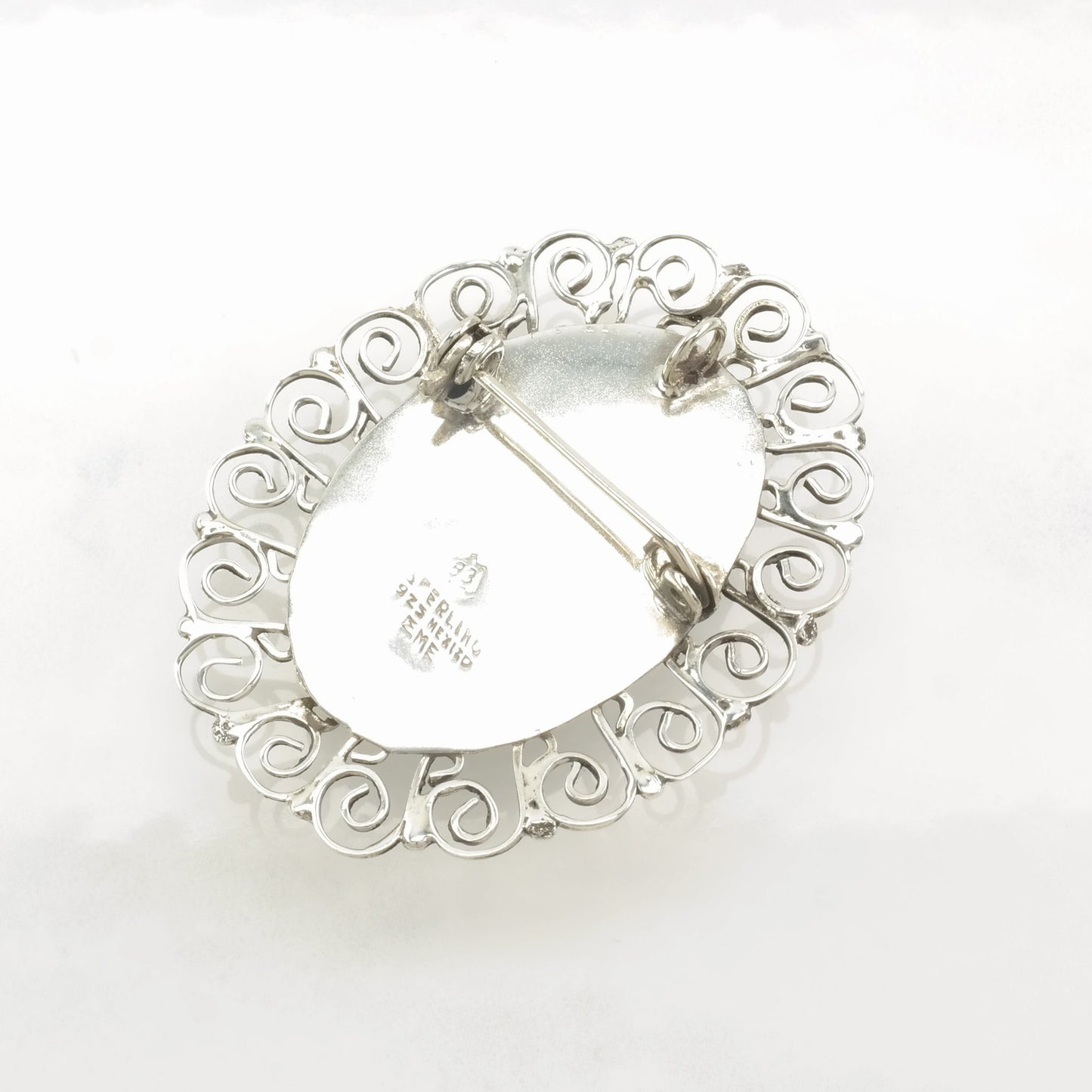 Mexican Sterling Silver Brooch Pendant Scroll Green Onyx B1653