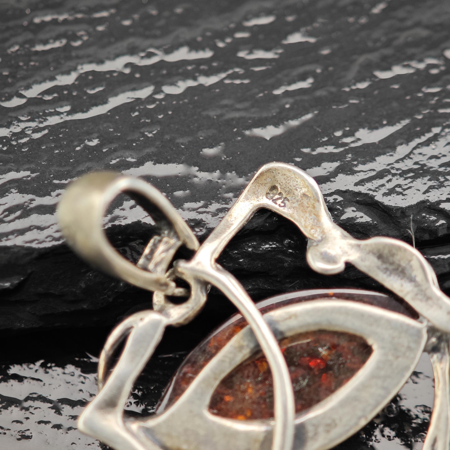 Art Nouveau Style Amber, Floral Pendant Sterling Silver