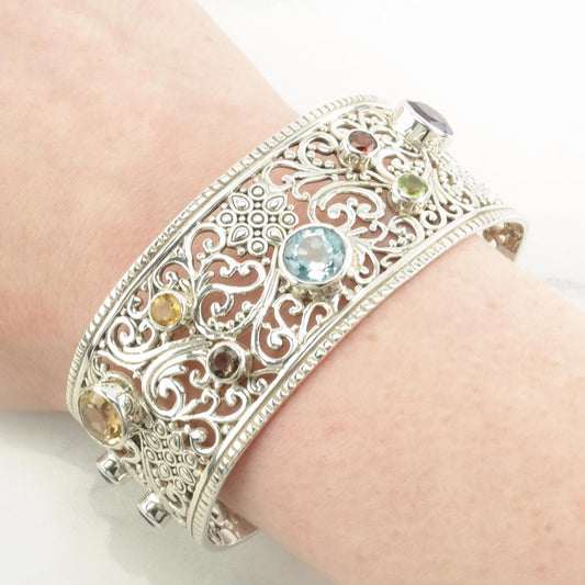 Samuel B Natural Gemstone Cuff Bracelet Open Filigree Sterling Silver