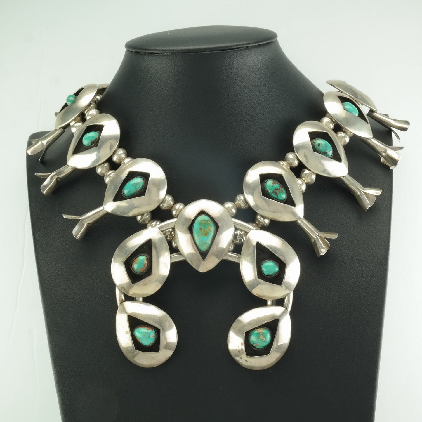 Vintage Native American Sterling Silver Royston Turquoise Shadowbox Squash Blossom Necklace