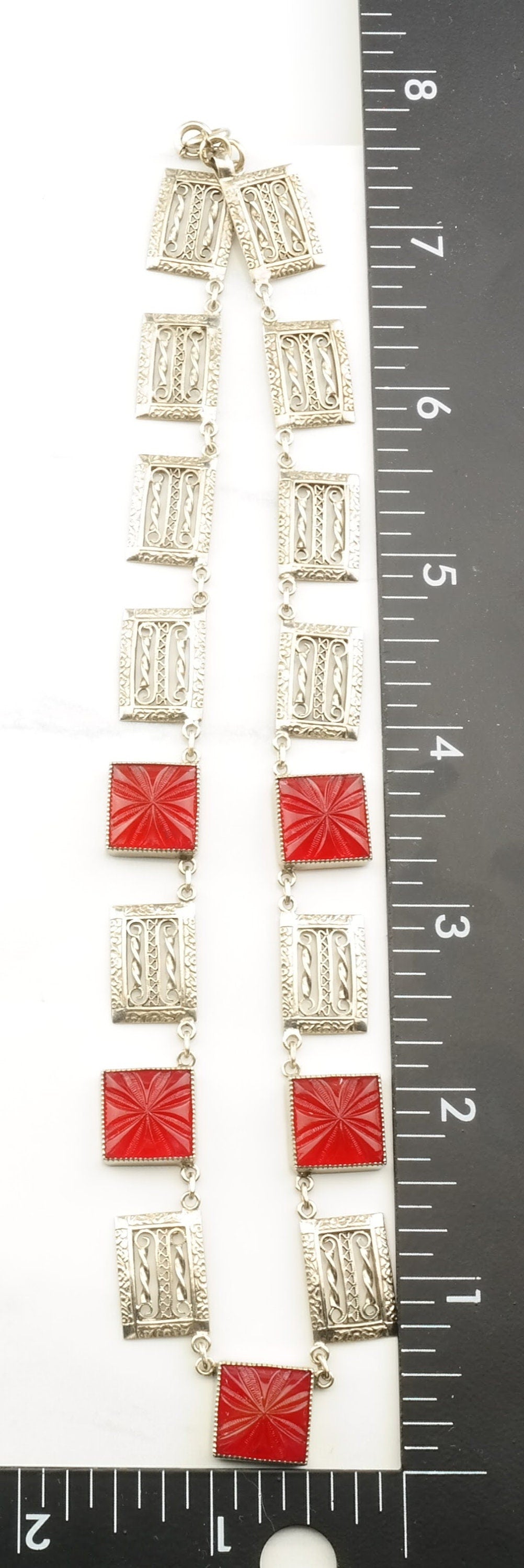 Vintage Modernist Sterling Silver Carved Glass Filigree Necklace