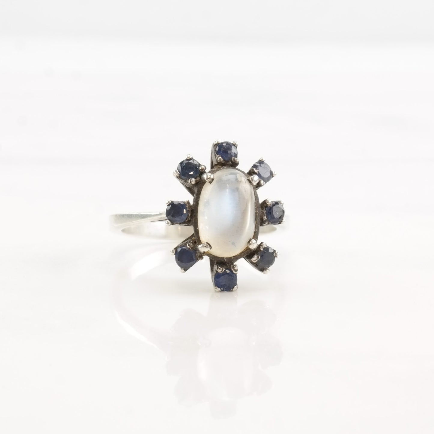 Vintage Mid Century Silver Ring Moonstone Sapphire Flower Sterling Size 7 1/4