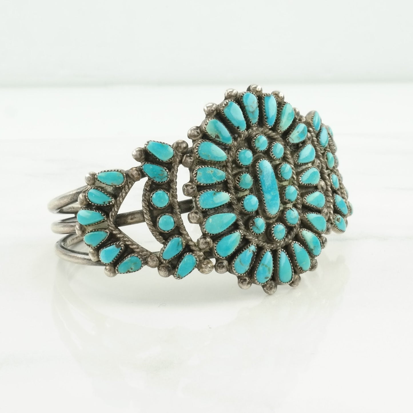 Vintage Native American Sterling Silver Cuff Bracelet Blue Turquoise, Petit Point Floral