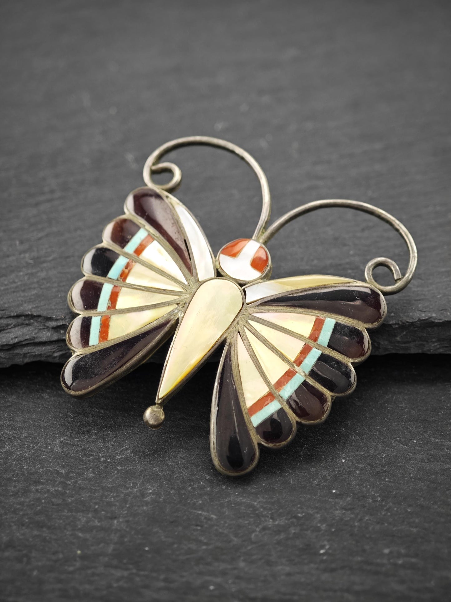 Native Inlay Butterfly Pendant Brooch Sterling Silver Sara Edaakie, Zuni P2689