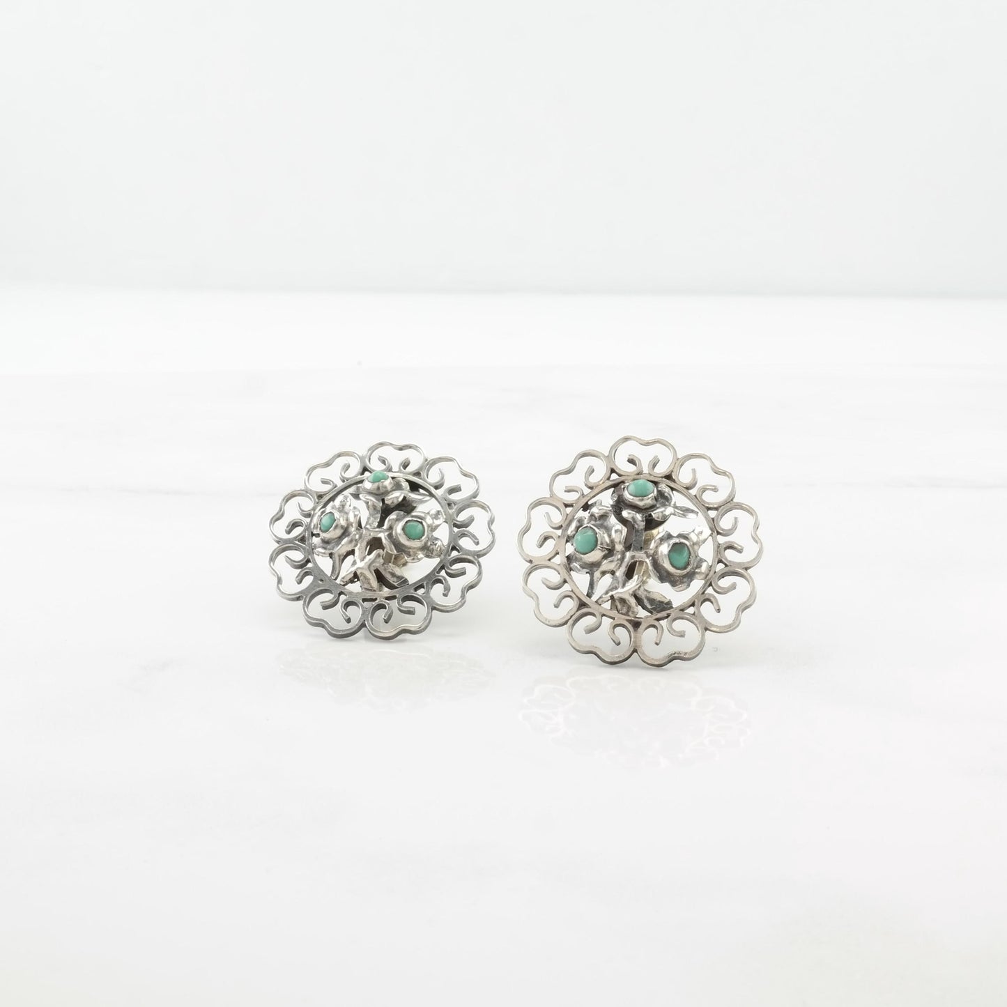 Vintage Mexico Green Faux Turquoise Floral, Filigree Screw Back Earrings Sterling Silver