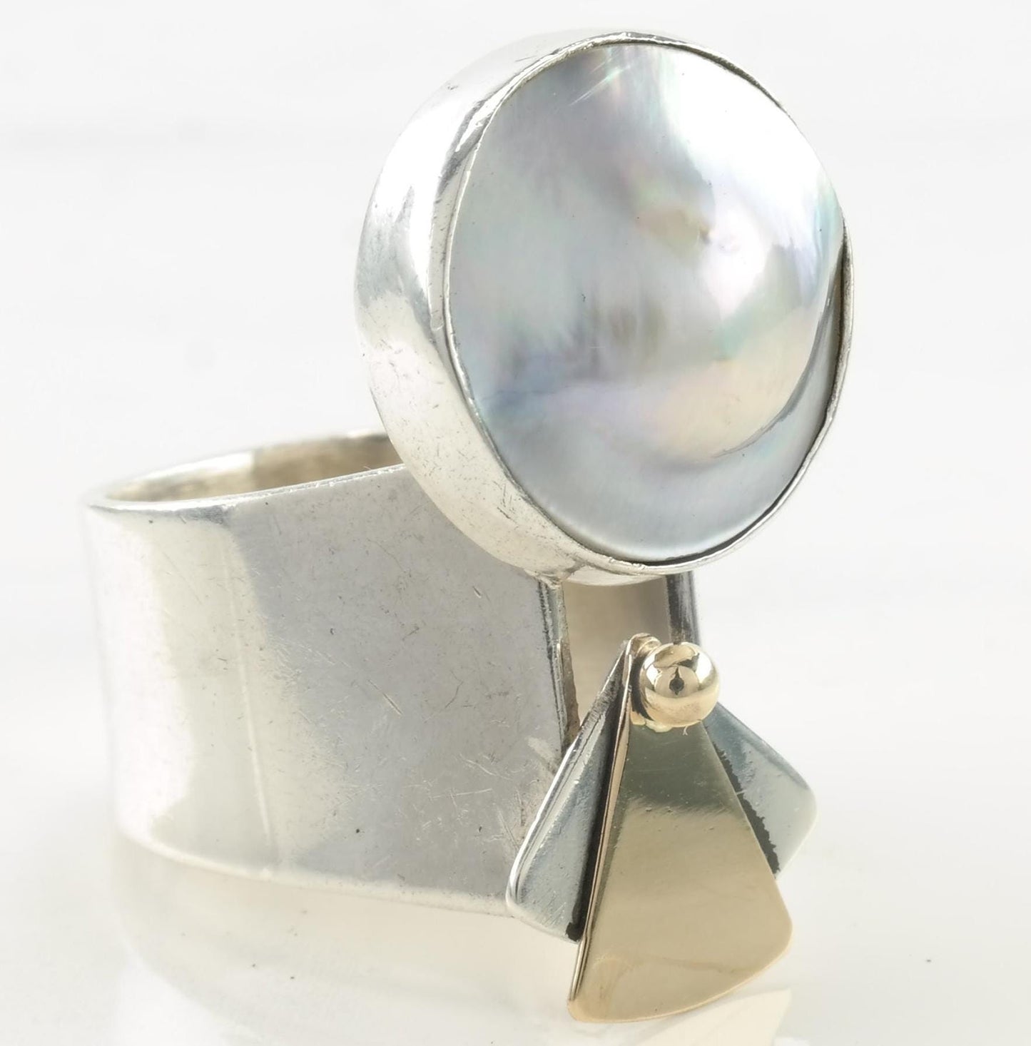 Vintage Modernist Silver Ring Pearl Two tone Sterling Size 6 1/2