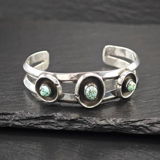 Native American Number Eight Turquoise, Shadow Box Cuff Bracelet Sterling Silver