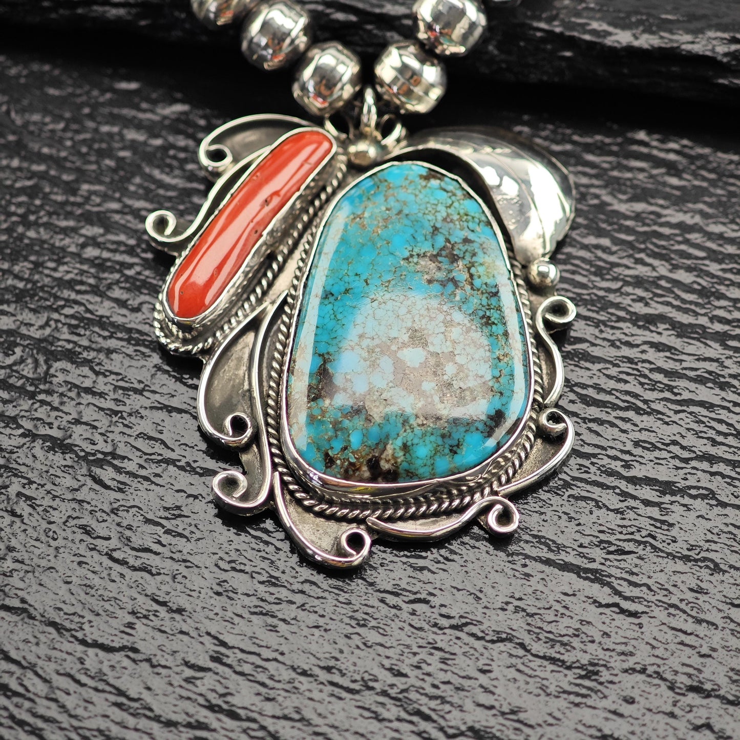 Native American Turquoise, Coral Beaded Necklace in Sterling Silver
