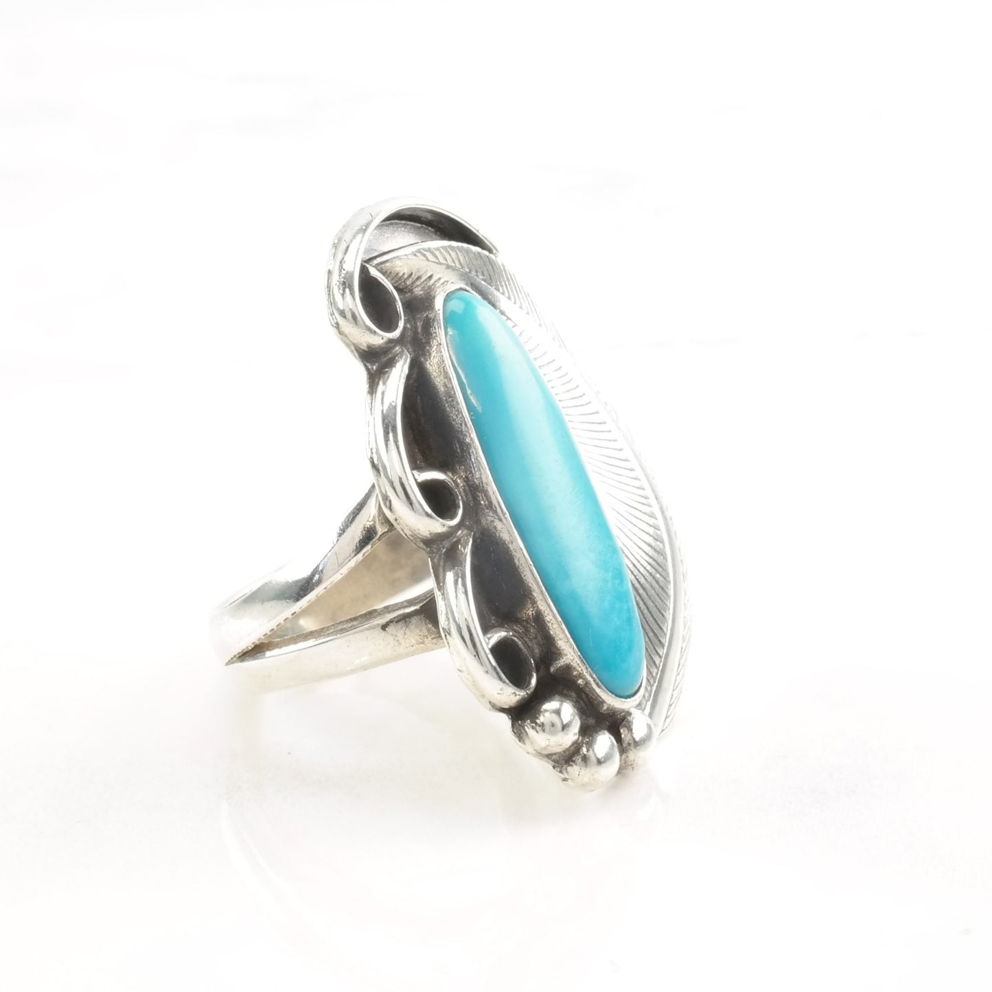 Vintage Native American Silver Ring Turquoise Feather Size 7 1/4