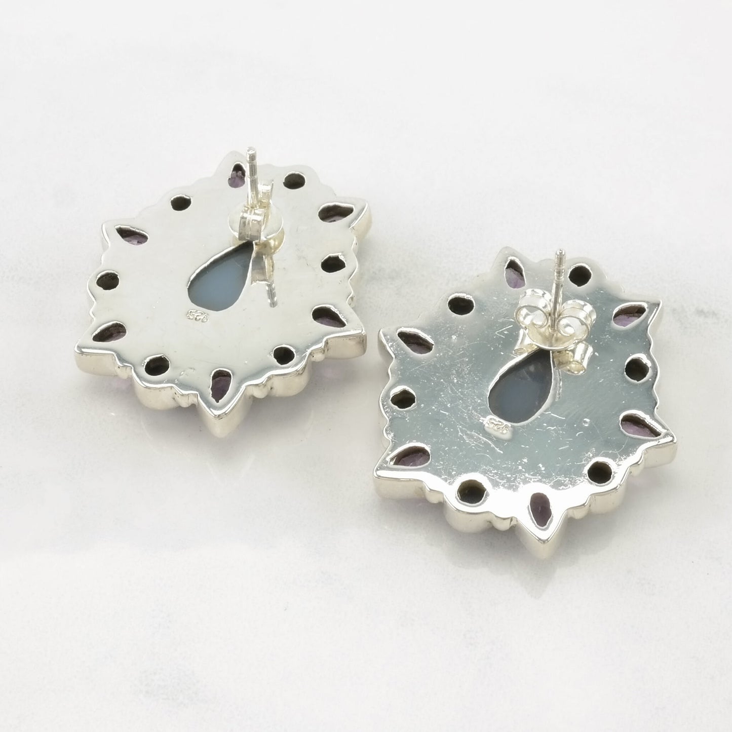 Vintage Sterling Silver Stud Earrings Purple, Blue Druzy, Amethyst, Lapis Lazuli Cluster