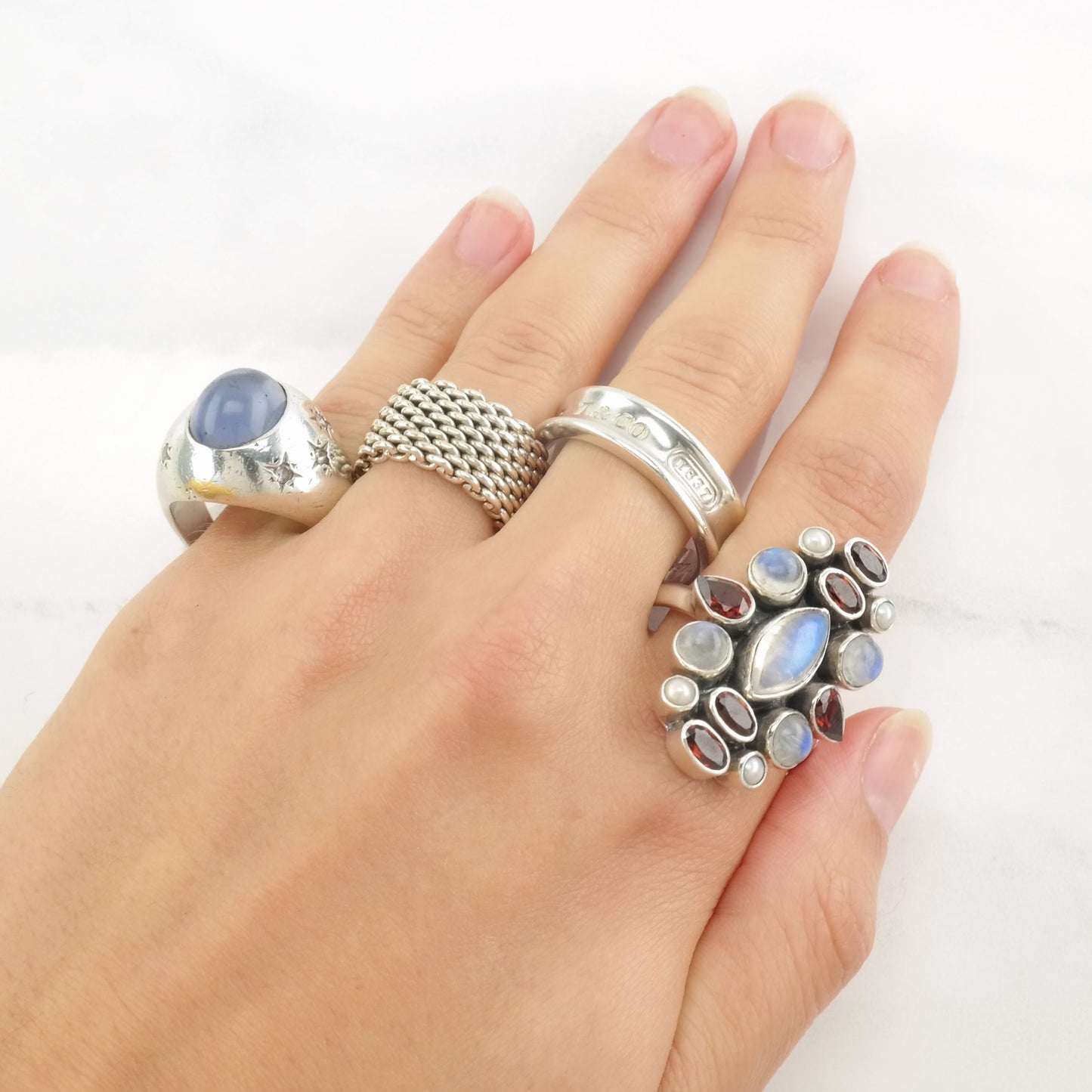 Vintage Nicky Butler Ring Moonstone, Garnet, Pearl Cluster Sterling Silver Size 12