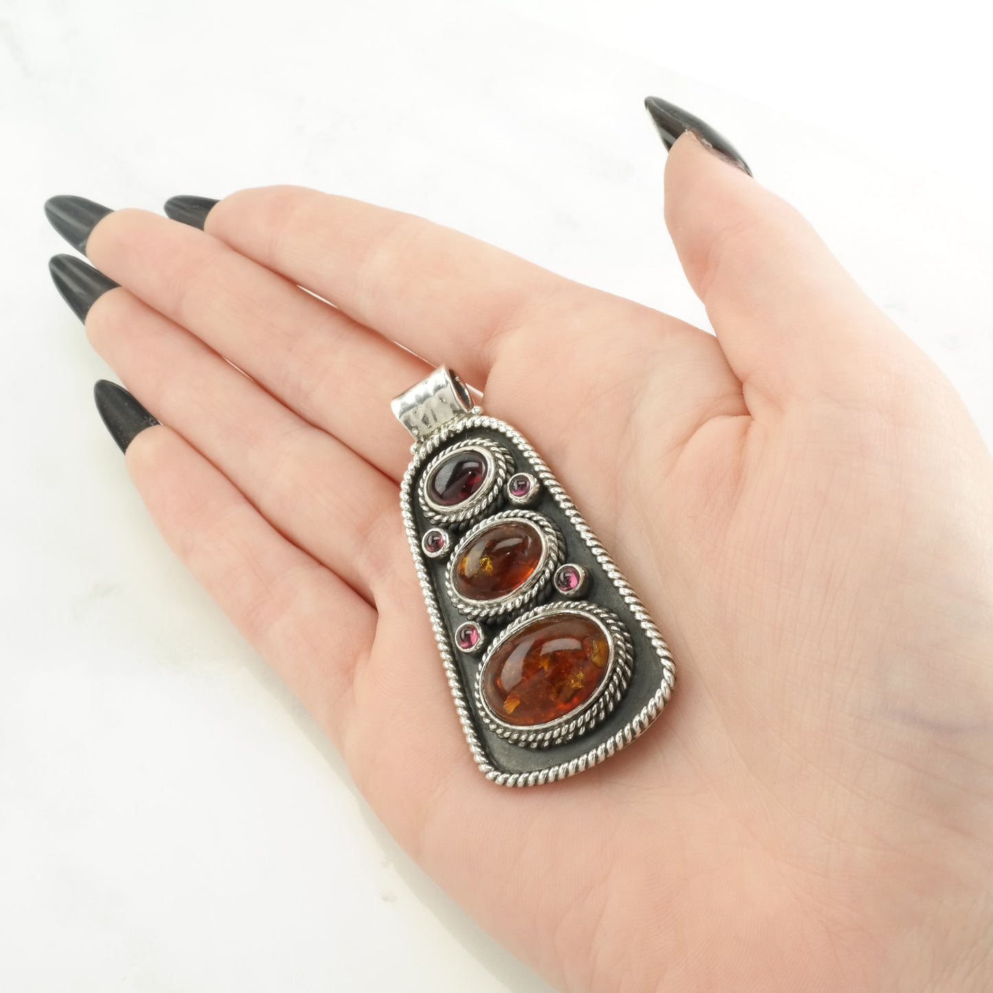Vintage Amber Garnet Sterling Silver Pendant