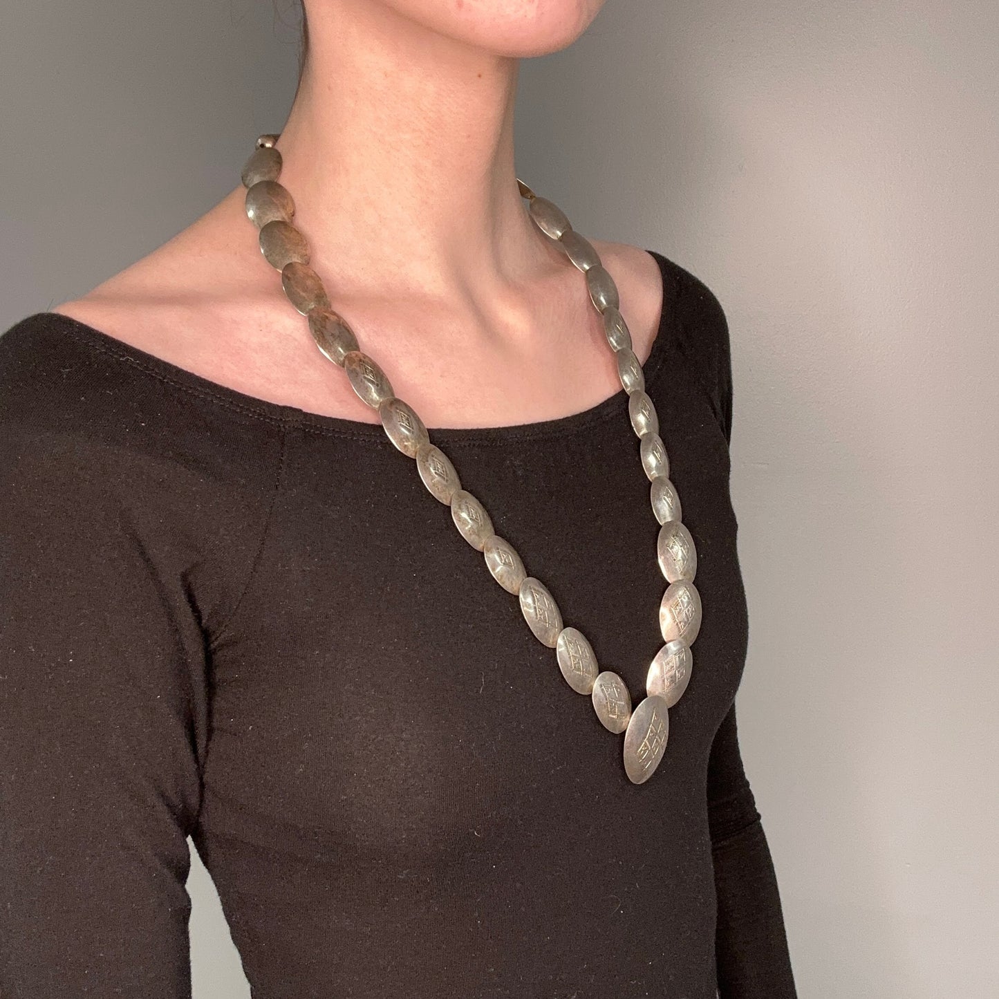 Vintage Native American Sterling Silver Flat Beads Stamped Necklace