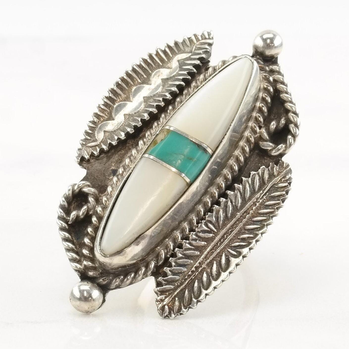 Vintage Native American Silver Ring MOP Turquoise Leaf Sterling Size 5 1/2