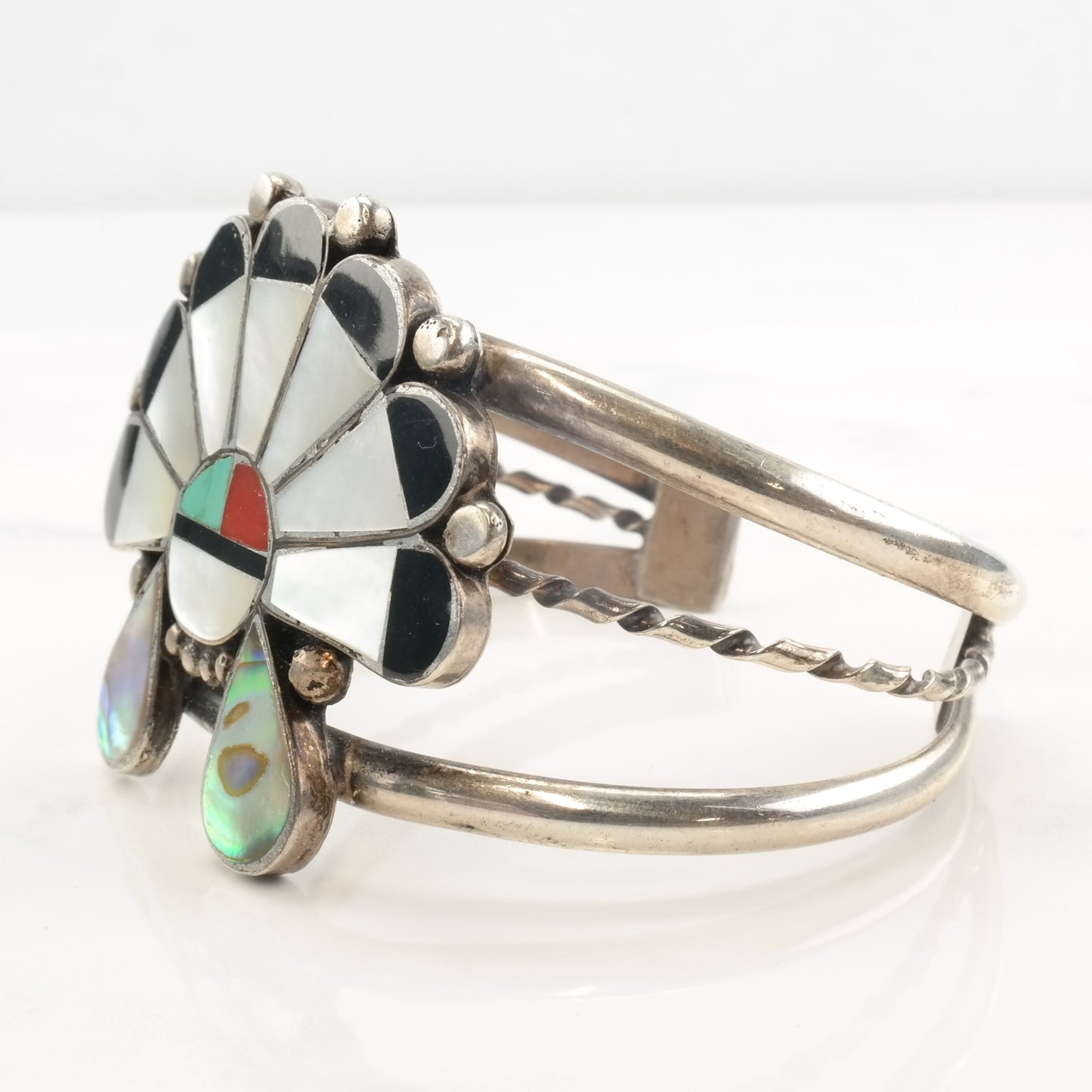 Native American Sterling Silver Cuff Bracelet | Gemstone Sun Inlay | Southwestern Jewelry