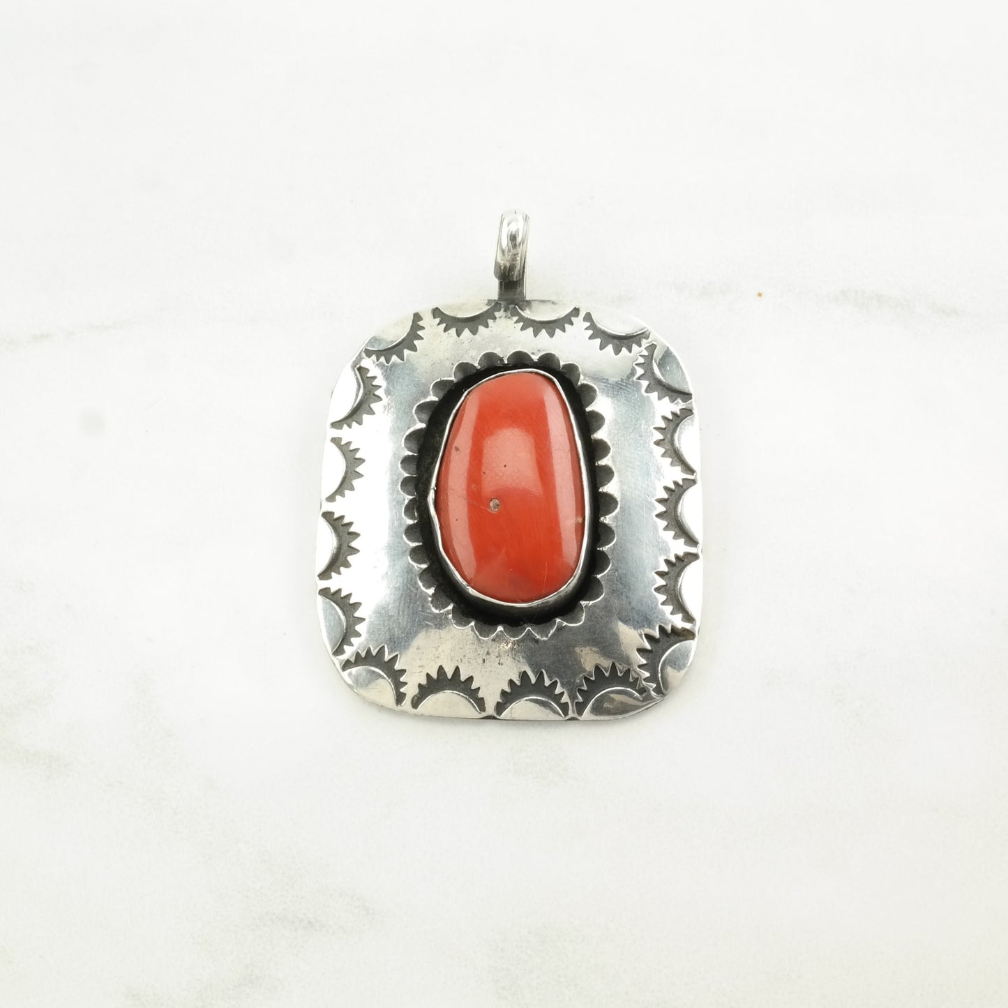 Vintage Native American Coral Stamped Sterling Silver Pendant