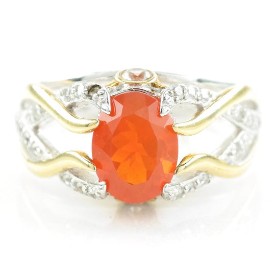 Vintage Sterling Silver Ring Fire Opal Gold Plated Orange Size 7