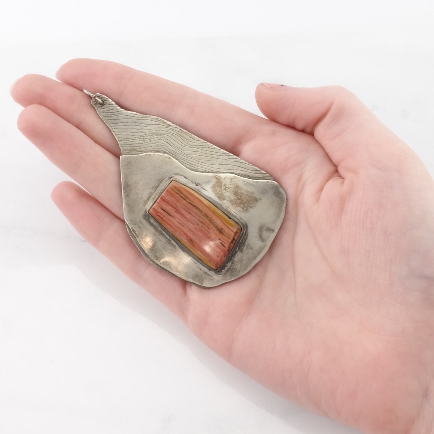 Vintage Modernist Jasper Large, Brutalist Sterling Silver Pendant