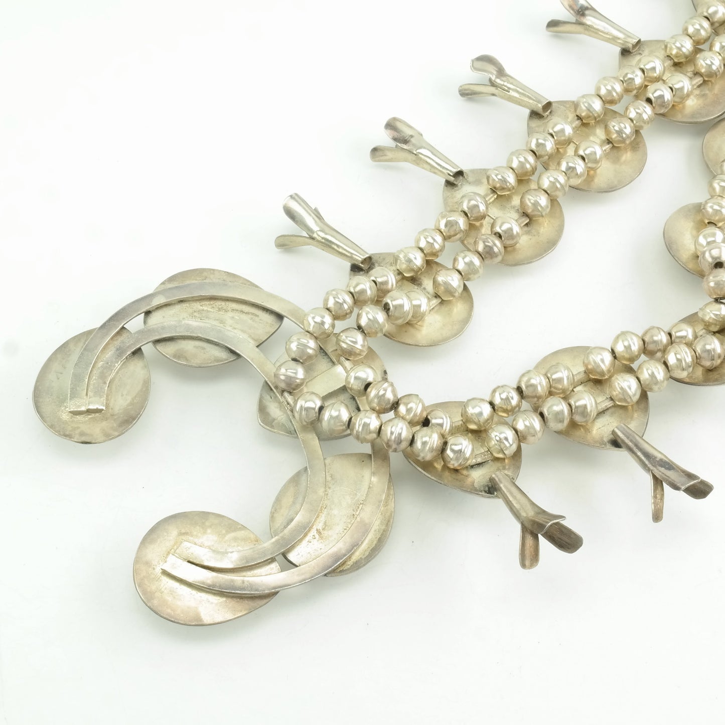 Vintage Native American Sterling Silver Royston Turquoise Shadowbox Squash Blossom Necklace