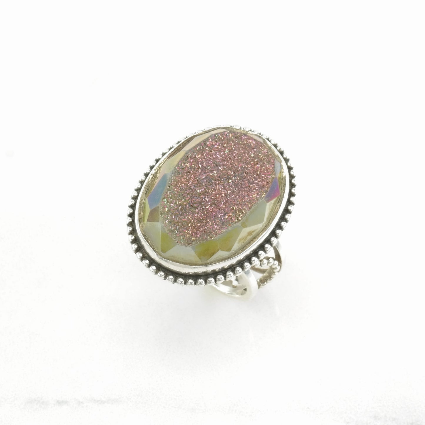 Vintage Sterling Silver Ring Druzy Quartz Huge Pink Size 5 1/2
