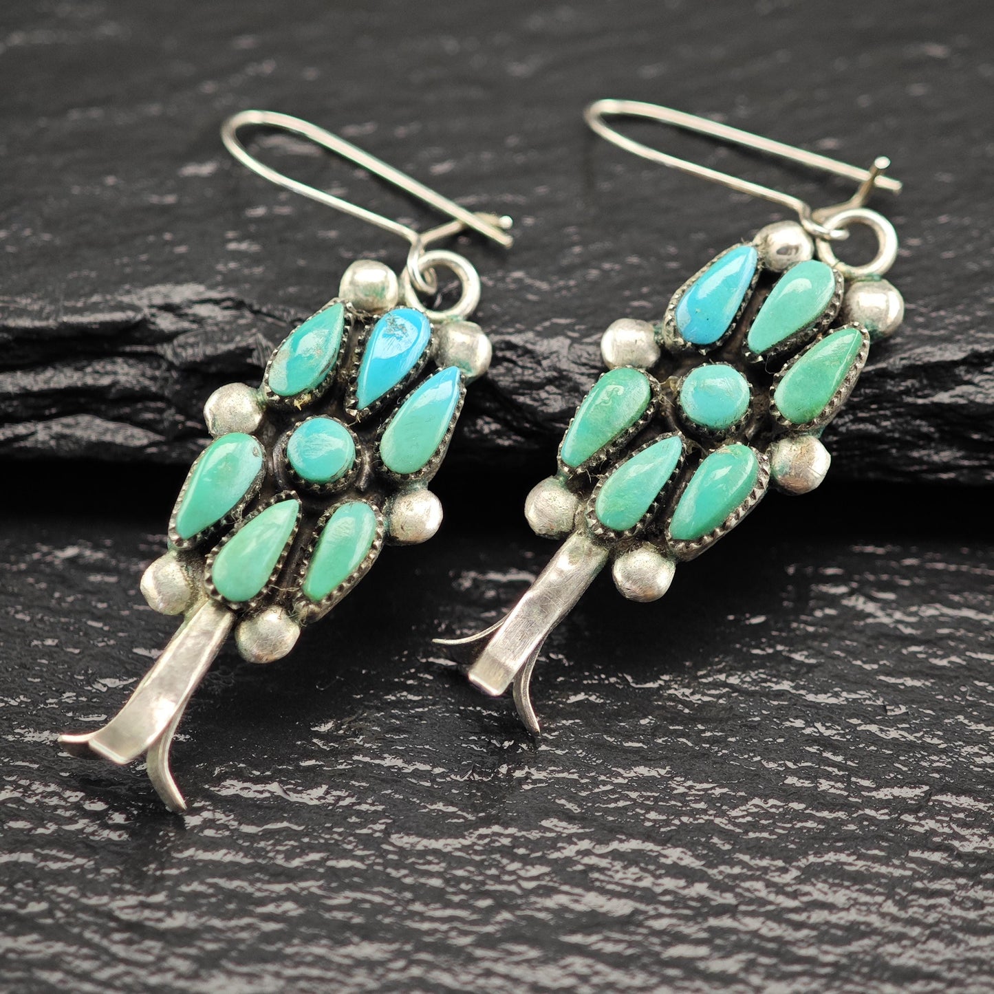 Zuni, Raynold Lonsee Floral Turquoise Kidney Wire Earrings Sterling Silver