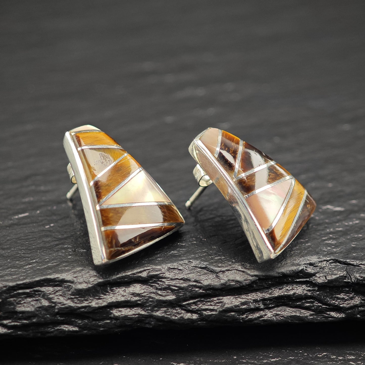 Brown, Translucent Tigers Eye, MOP Geometric, Inlay Stud Earrings Sterling Silver