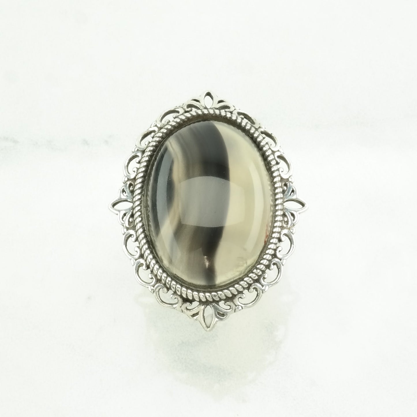 Vintage Sterling Silver Ring Agate Black, White Size 7