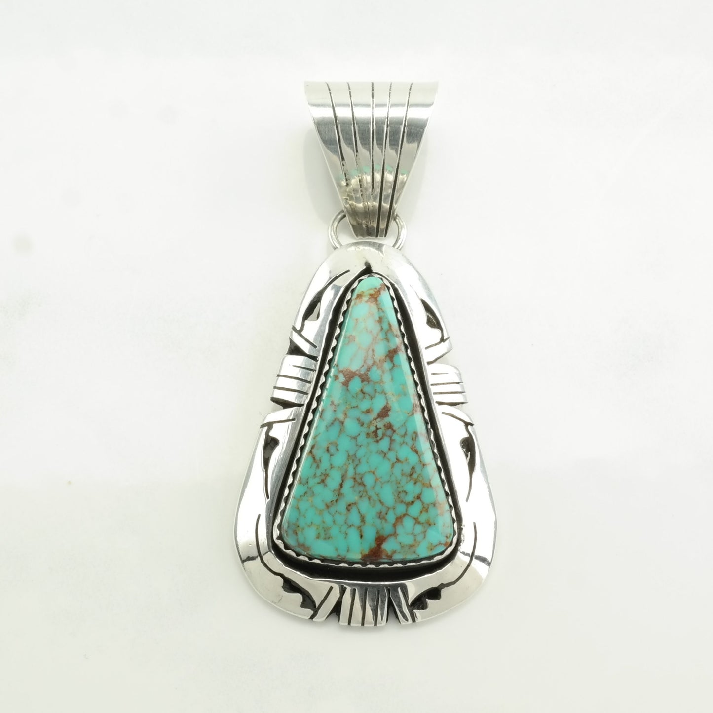 Vintage Native American Spiderweb Turquoise Triangle Sterling Silver Pendant