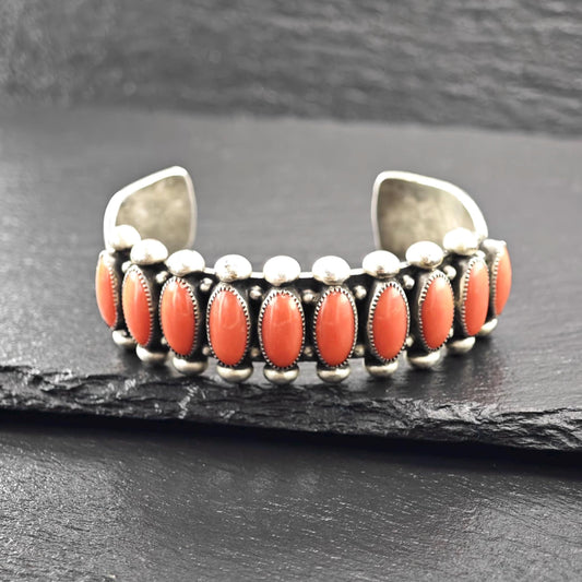 Native American Coral, Cuff Bracelet Sterling Silver