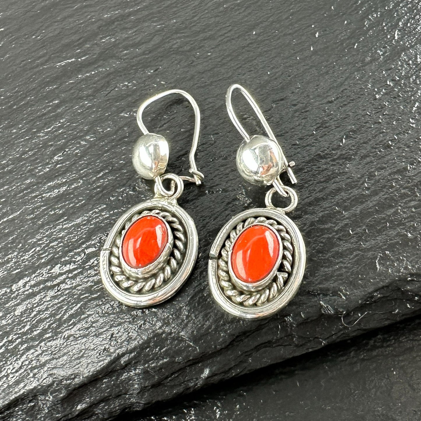Native American Red Coral Oval Kidney Wire Earrings Sterling Silver