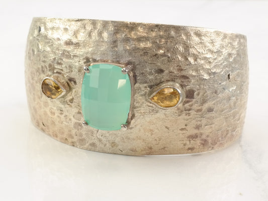 Vintage Hammered Sterling Silver Cuff with Citrine and Chalcedony