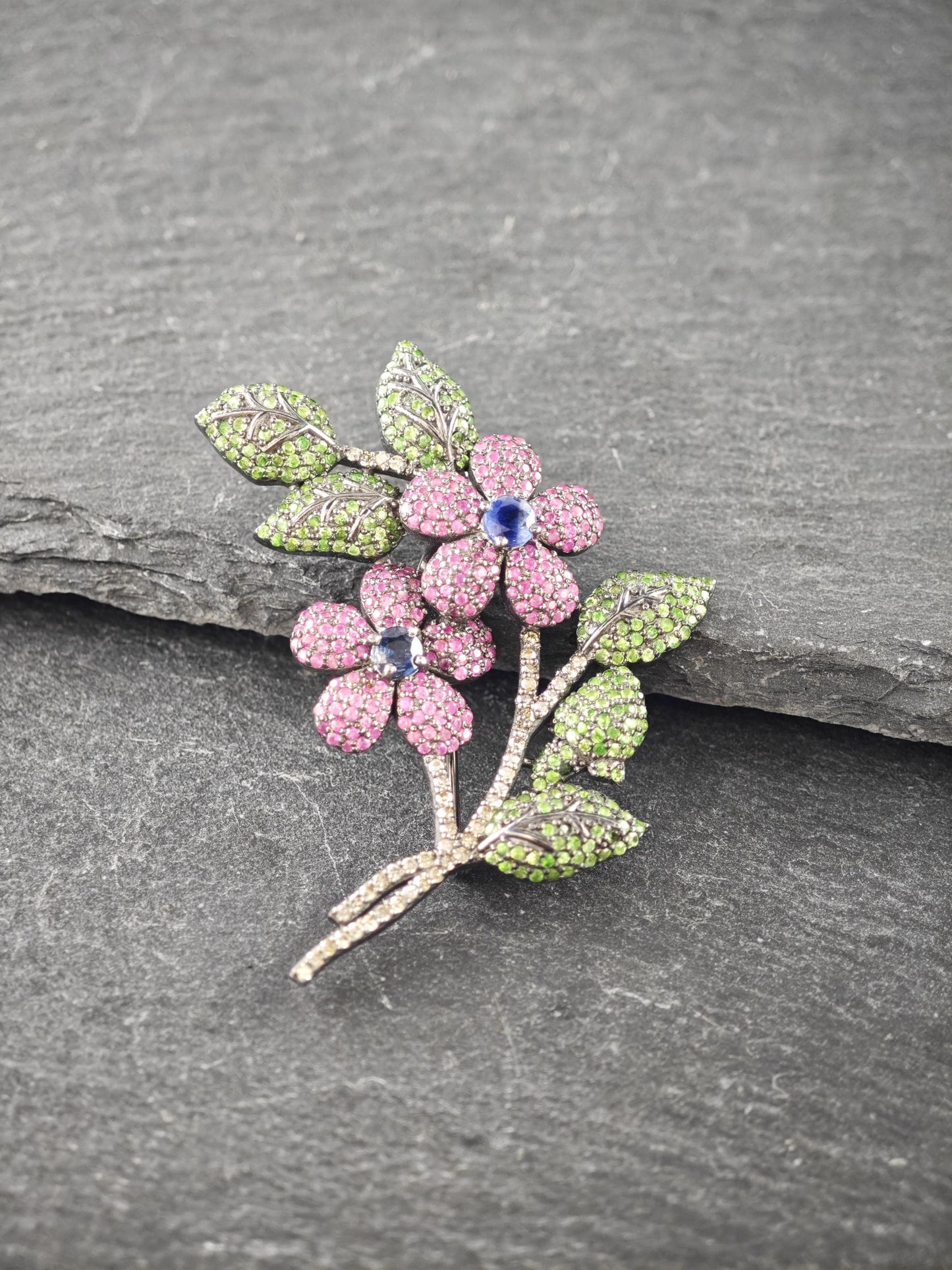 Diamond Flowers Sterling Silver Brooch Pendant