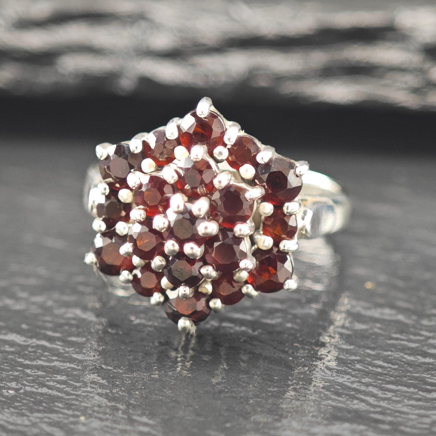 CNA Garnet Floral Ring Sterling Silver