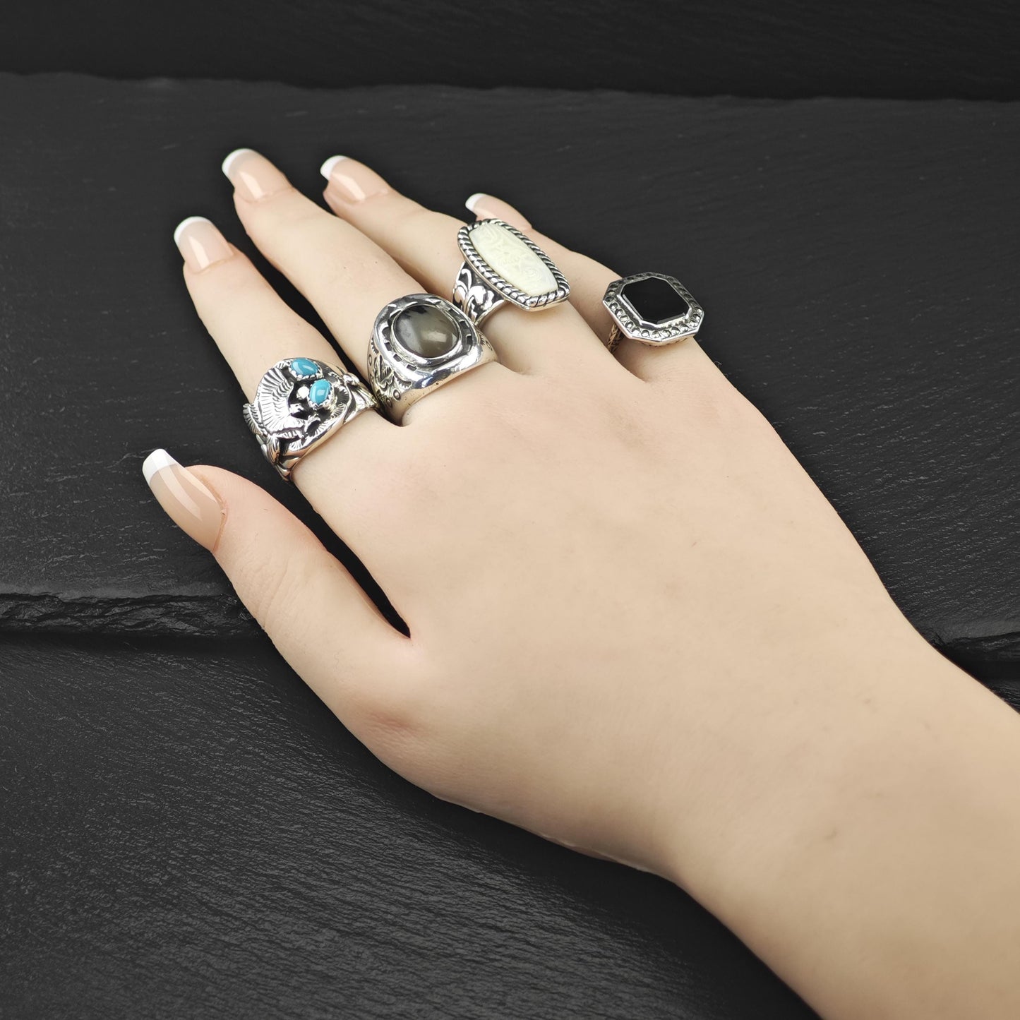 Art Deco Style, Squared Onyx Marcasite Ring Sterling Silver