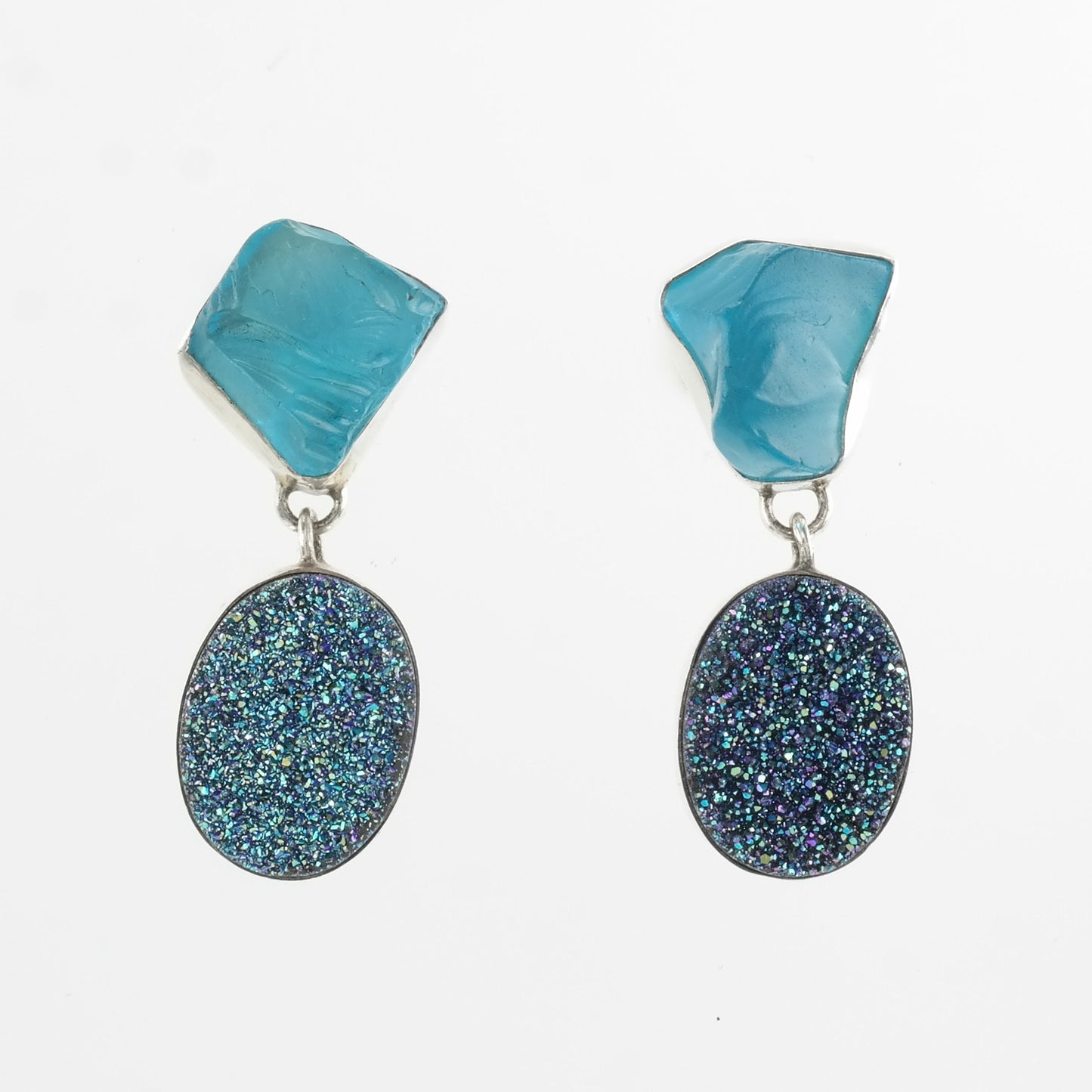 Sterling Silver Blue Stone, Druzy 14k Gold Post Earrings Stud, Dangle