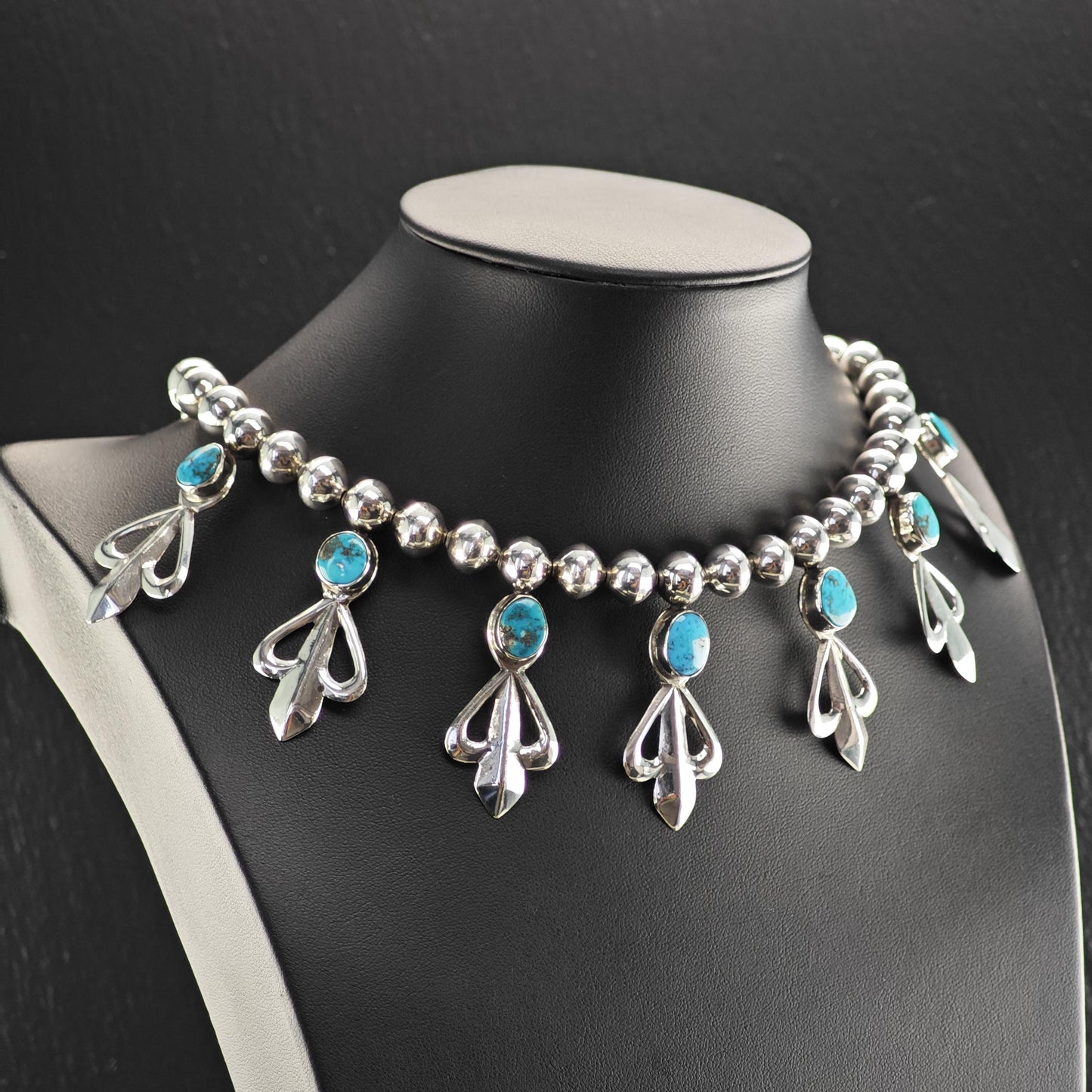 Native American Turquoise Beaded Necklace Earring Set - Sterling Silver Jewelry