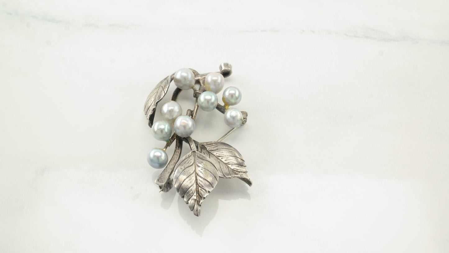 Ming's Pearl Sterling Silver Brooch Floral Leaf