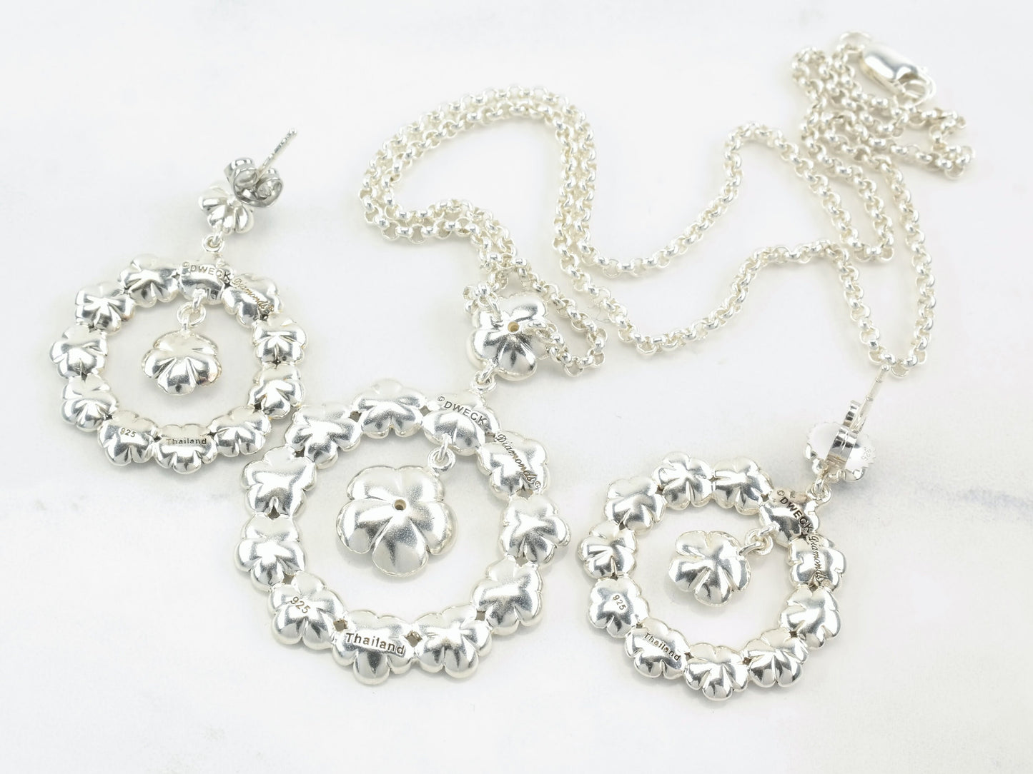 Vintage Dweck Diamond Flower Necklace Earrings Sterling Silver Jewelry Set