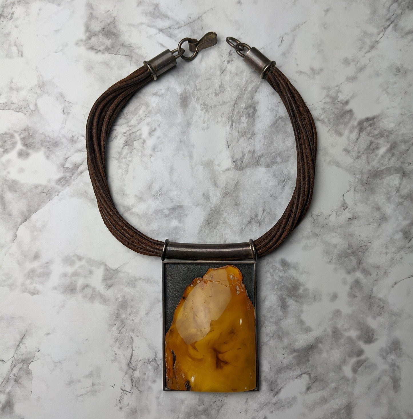 Modernist Amber, Leather and Sterling Silver Necklace