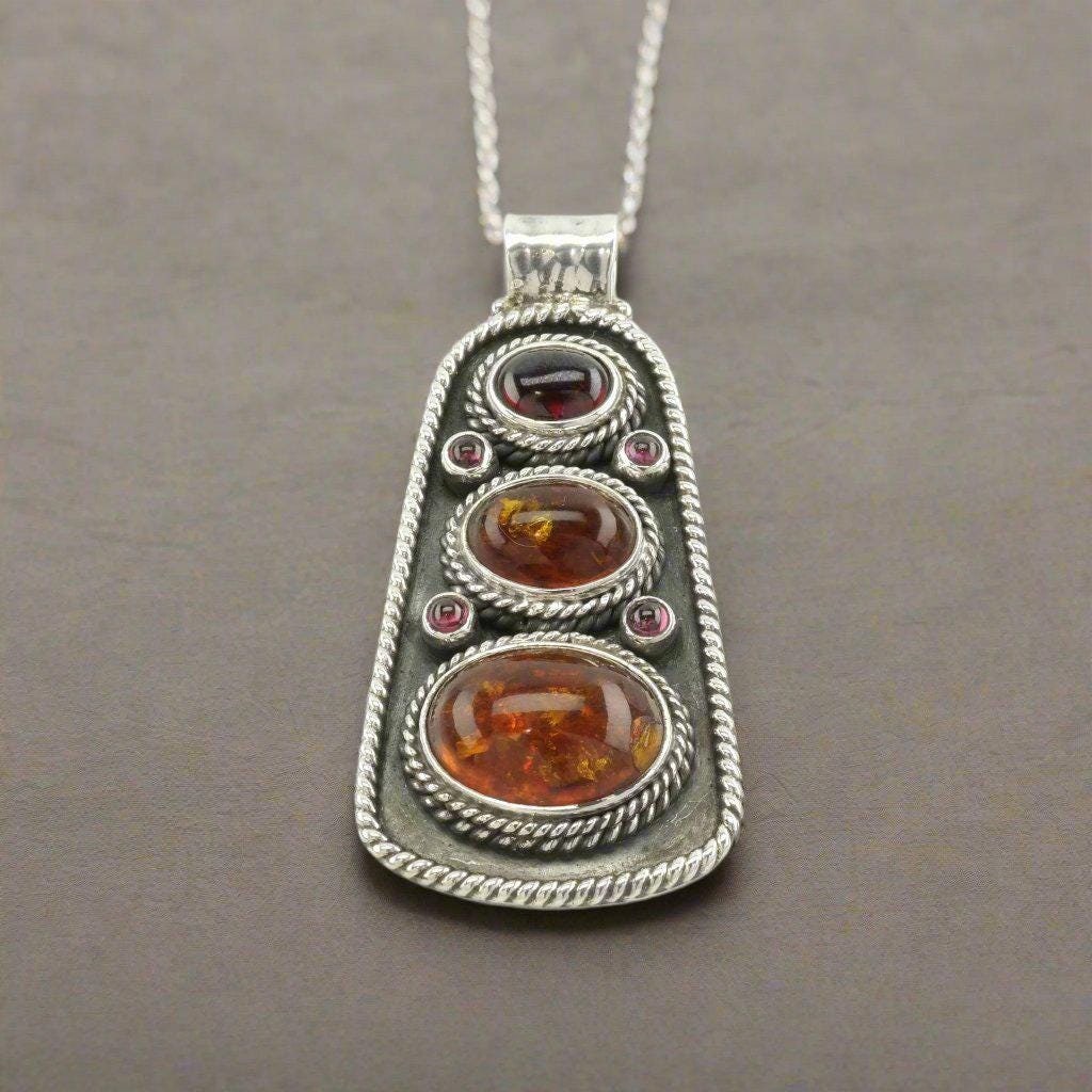 Vintage Amber Garnet Sterling Silver Pendant