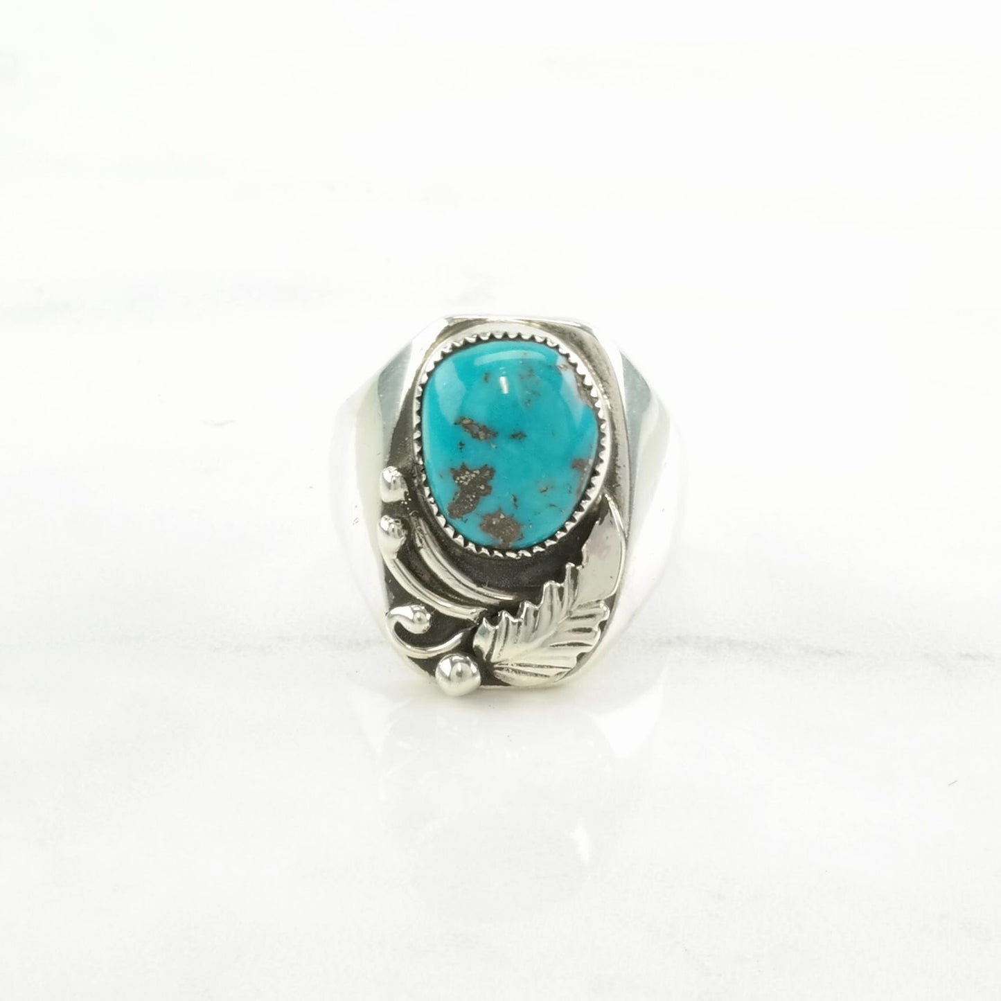 Vintage Native American Silver Ring Turquoise Leaf Sterling Blue Size 12