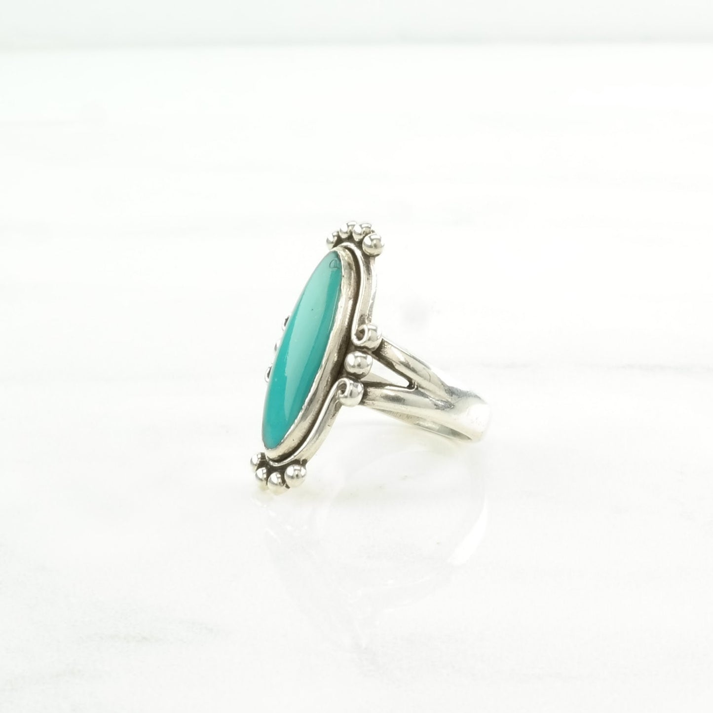 Vintage Fred Harvey Era Silver Ring Turquoise Navette Sterling Blue Size 5