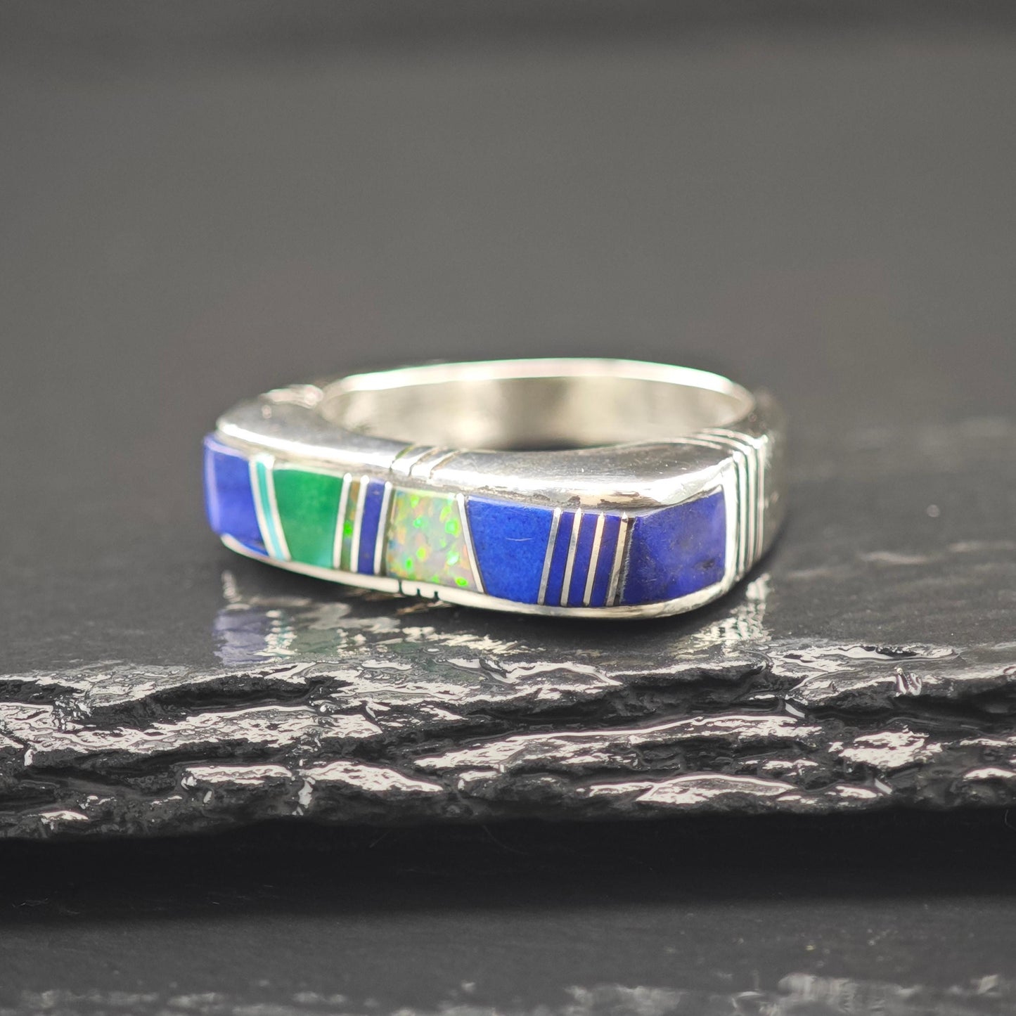 Native American Lapis, Turquoise, Lab Opal Inlay Ring Sterling Silver