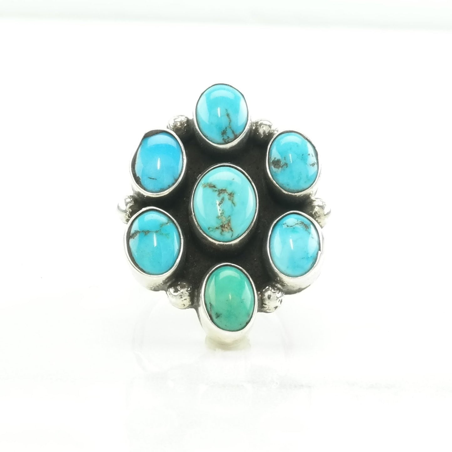 Native Silver Ring Turquoise Floral Sterling Blue Sz7 1/2 R5204
